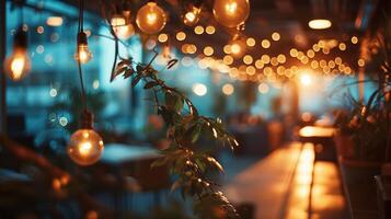 AI generated Indoor cafe ambiance with warm bokeh lights and green plants. Cozy interior and hospitality concept. photo