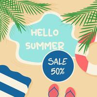 A banner with a retro-style beach. Poster of the summer sale beach with palm trees towel, circle, slate, hello summer. vector