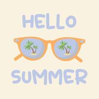 A summer banner with sunglasses. Sunglasses with palm trees reflected in the glasses. Vector graphics.