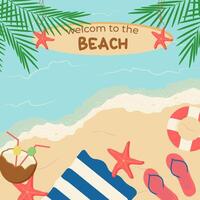 A summer banner with a beach and a sign - welcome to the beach. a sign with a beach and the sea. vector