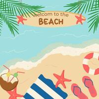 A summer banner with a beach and a sign - welcome to the beach. a sign with a beach and the sea. vector