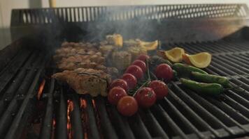 chefe de cozinha lubrificação grelhado peixe, tomates e legumes video