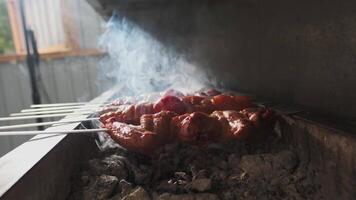 Chicken, meat and liver kebabs are fried on an open grill with charcoal video