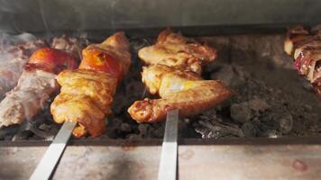 Chicken, meat and liver kebabs are fried on an open grill with charcoal video