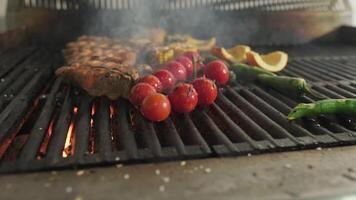 grillé poivrons le long de avec poisson, tomates et autre des légumes exploser de le Feu video