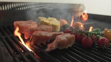 el cocinero agrega sal y especias a pez, Tomates y vegetales asado en un abierto fuego video