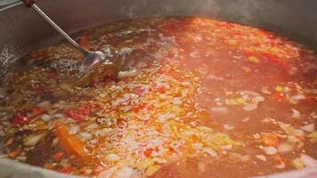 Chef mixes meat soup with vegetables in a large cauldron with a slotted spoon video