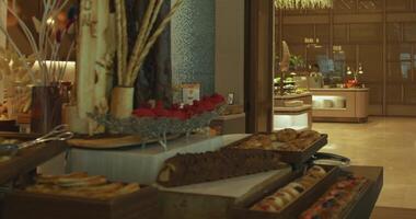 Tashkent, Uzbekistan - 8 4 2022. Buffet table in the dining room of an expensive luxury hotel video