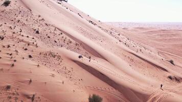 Drone view of people riding on a board on the sand dunes of the desert video