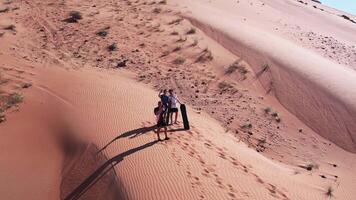 Dubai, UAE - 1 14 2023. Drone view of people riding on a board on the sand dunes of the desert video