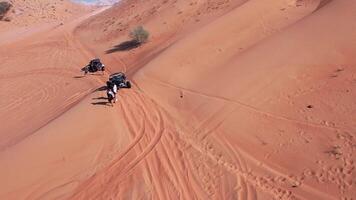 Drohne Aussicht von Menschen Reiten auf ein Tafel auf das Sand Dünen von das Wüste video