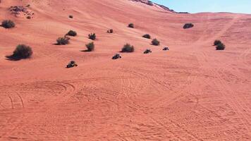 en Drönare flugor över en buggy körning genom de sand sanddyner av de öken- video