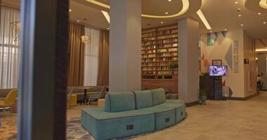 Tashkent, Uzbekistan - 8 4 2022. Lobby and reception of an expensive luxury hotel video