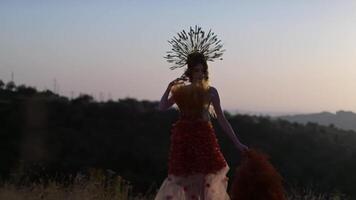 ein jung Frau im ein Kopfschmuck gemacht von Ährchen und im ein Herbst Kleid von Blumen hält trocken Geäst mit Blätter im ihr Hand auf das Hintergrund von Sonnenuntergang im das Berge video