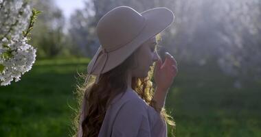 ragazza con lungo leggero Marrone capelli, grigio occhi indossare rosa vestito e cappello passeggiate attraverso Mela giardini video