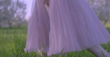 Girl wearing airy pink dress walking on the dense green grass walks through apple gardens on sunny day video