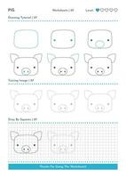 How to Draw Doodle Pig, Cartoon Character Step by Step Drawing Tutorial. Activity Worksheets For Kids vector