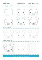 How to Draw Doodle Brown Bear, Cartoon Character Step by Step Drawing Tutorial. Activity Worksheets For Kids vector