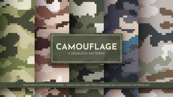 Set 5 Seamless Pixel Camouflage Patterns. War Illustration. Traditional Military Texture. Army Background vector