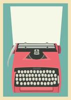 Vintage typewriter with a blank sheet of paper for text on a mid-century poster background. Vector illustration