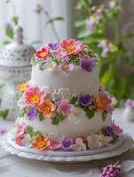 AI generated Wedding cake with flower decoration photo