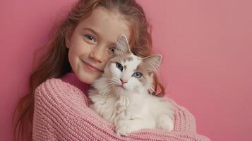 AI generated Little girl hugging your little cat on pastel pink background photo