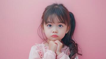 ai generado retrato de pequeño niña triste en pastel rosado antecedentes foto