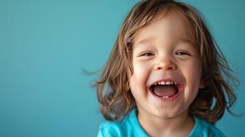 AI generated Little boy who laughs loudly on pastel blue background photo