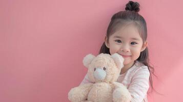 AI generated Little girl hugging stuffed toy on pastel pink background photo