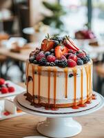AI generated Wedding cake with fruit decoration photo