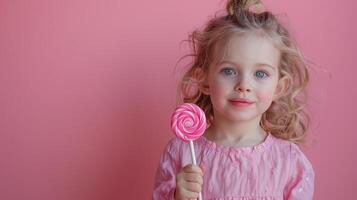 AI generated Little girl hold in your hand a pink lollipop on pastel pink background photo