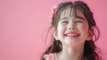 AI generated Little girl who laughs loudly on pastel pink background photo