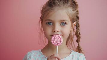 AI generated Little girl hold in your hand a pink lollipop on pastel pink background photo