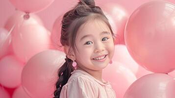 ai generado pequeño niña con muchos rosado globos en pastel rosado antecedentes foto