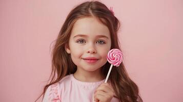 AI generated Little girl hold in your hand a pink lollipop on pastel pink background photo