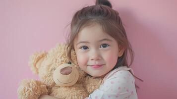 AI generated Little girl hugging stuffed toy on pastel pink background photo