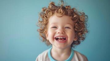 AI generated Little boy who laughs loudly on pastel blue background photo