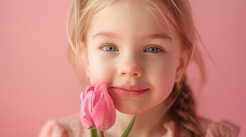 ai generado pequeño niña con un rosado tulipán flor en pastel rosado antecedentes foto