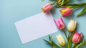 AI generated White paper mockup with tulips flowers, spring mockup photo