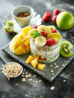 AI generated Fruits parfait, healthy food, realistic photography photo