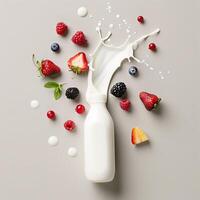 ai generado blanco botella yogur embalaje Bosquejo con frutas antecedentes foto