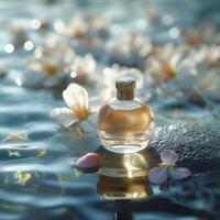 AI generated Floral perfume packaging mockup with water splash photo