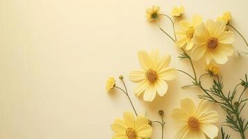 AI generated Yellow flowers top view, floral background, free space photo