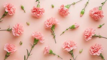 AI generated Pink flowers top view, floral background, free space photo