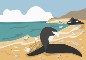 a whale carcass stranded on beach with human waste and plastic pollution around background vector