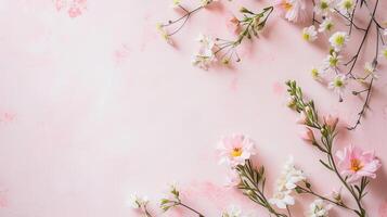 AI generated Pink flowers top view, floral background, free space photo