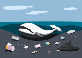 a whale carcass stranded on beach with solid waste and plastic pollution around background vector