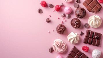 AI generated Chocolates and candies top view, sweet background, free space photo