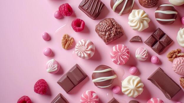 AI generated Chocolates and candies top view, sweet background, free space photo