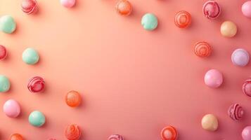 AI generated Chocolates and candies top view, sweet background, free space photo